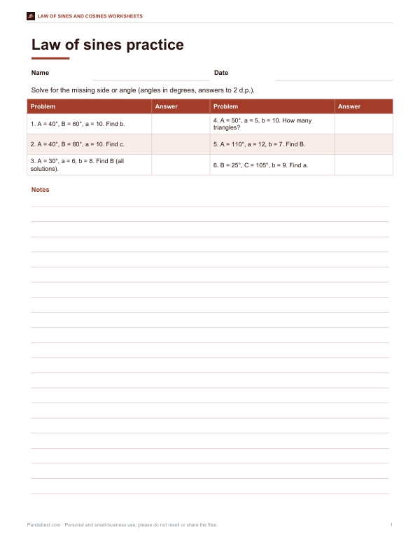 Preview of Printable Law of Sines Practice Sheet